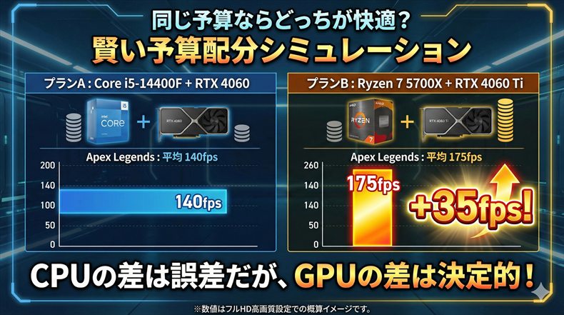 Ryzen 7 5700X vs Core i5-14400F CPUどっち　Core i5-14400FとRTX 4060の組み合わせよりも、Ryzen 7 5700XとRTX 4060 Tiの組み合わせの方が、Apex Legendsのフレームレートが約35fps高くなることを示す比較グラフ。