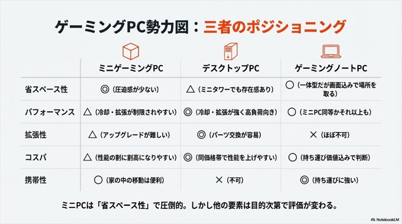 ミニゲーミングPCとデスクトップ型ゲーミングPC・ノートPCとの比較表