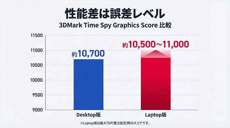 3DMark Time Spyにおいて、RTX 4060 Laptop（ノートPC）とDesktopのスコアが共に11,000前後で拮抗していることを示す棒グラフ