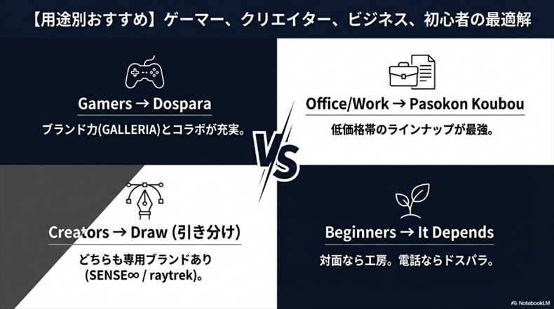 パソコン工房とドスパラ用途ごとにどちらのメーカーがおすすめか