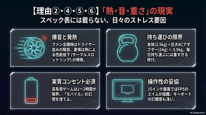 ゲーミングノートPCやめとけの理由
熱、音、重さの問題