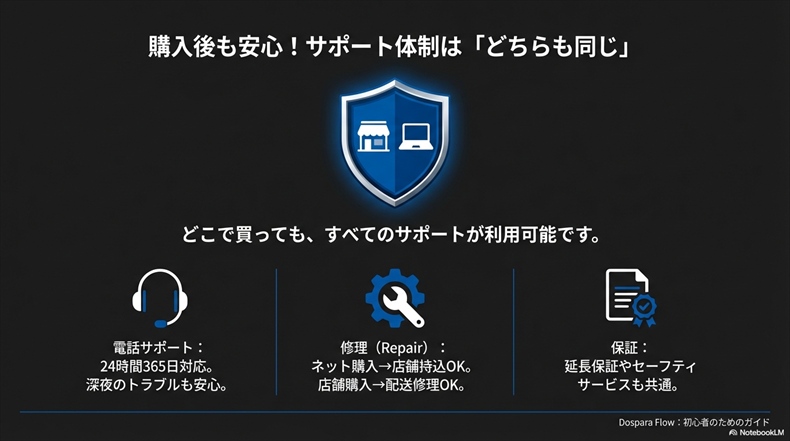 ドスパラの店舗とネット購入のサポートは同じ？