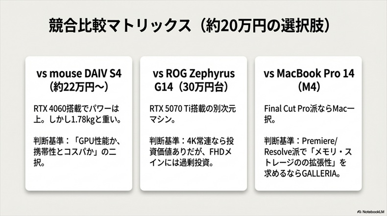 20万円台GALLERIA DL9R-IG-C4A動画編集 競合機比較